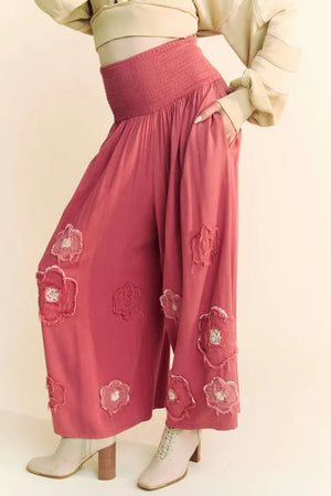 Smocked Waist Flower Patch Wide Leg Pants Strawberry 3de216c0-5edc-48d8-9006-36db5d97e2a3-Max