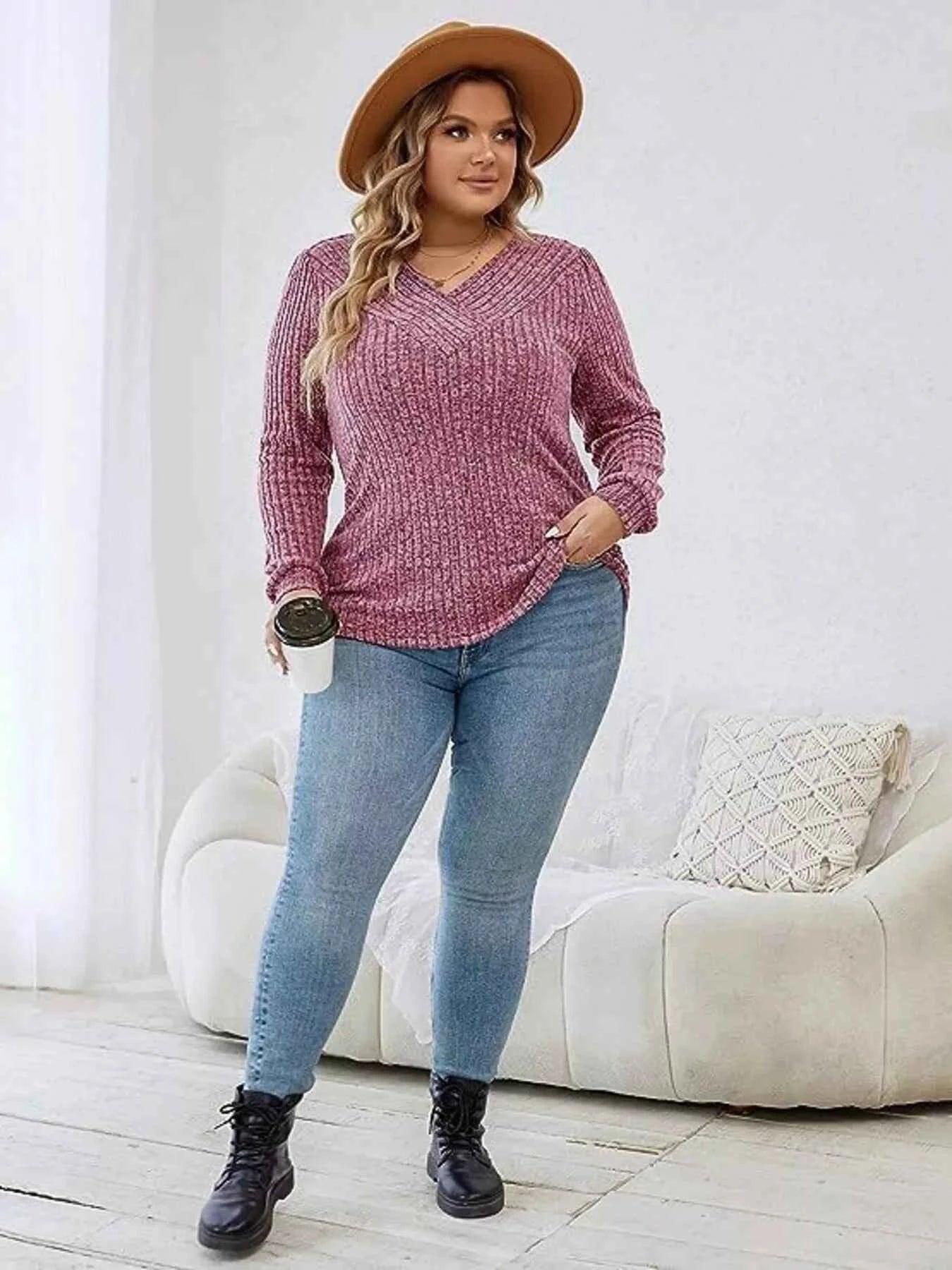V-Neck Ribbed Long Sleeve Knit Top 3de6d2eb962747c68025f7d6b21df740-Max-Origin