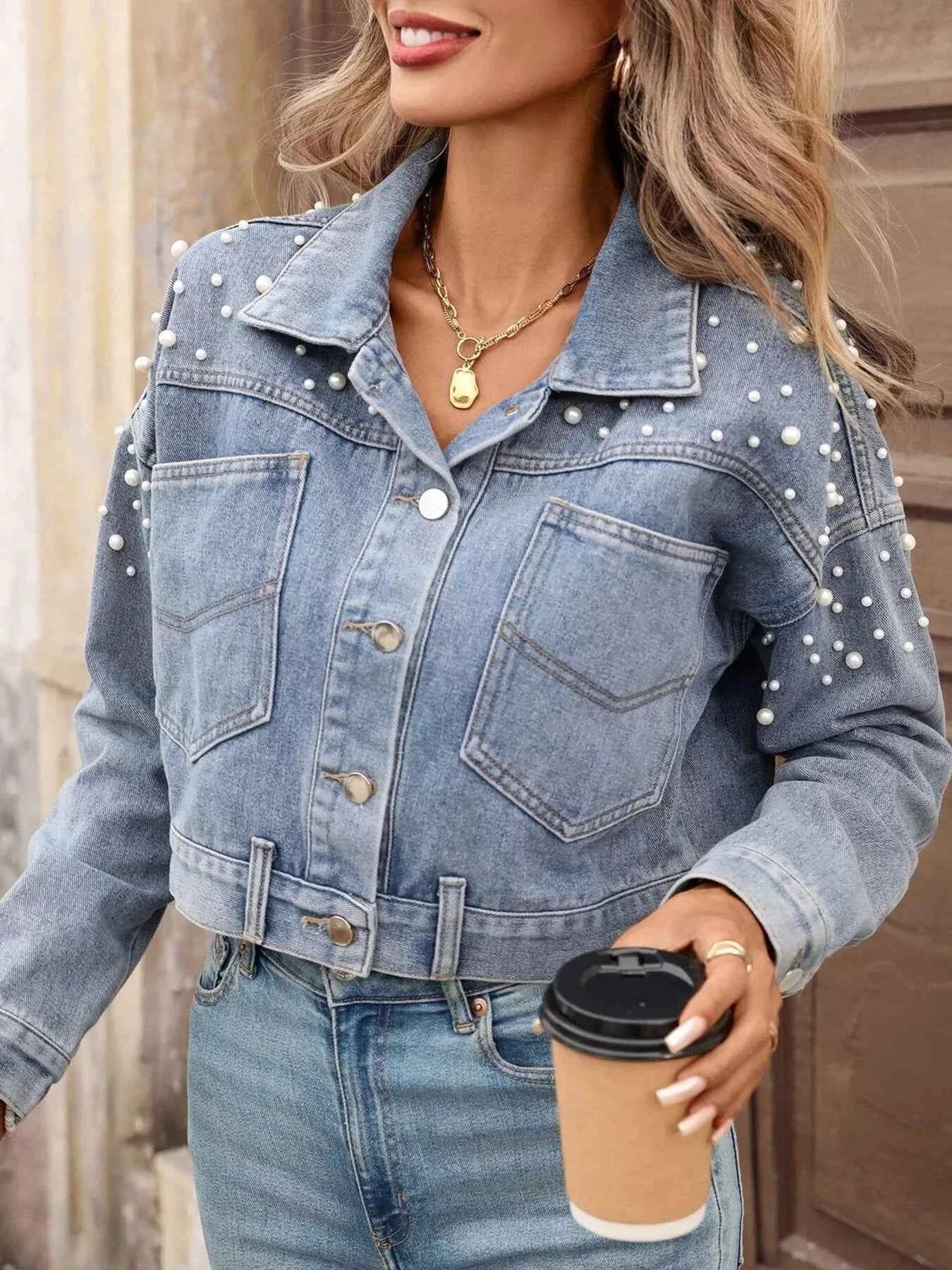 Pearl Embellished Cropped Denim Jacket 3de969f62e304d15a6a4efe4880f2571-Max-Origin