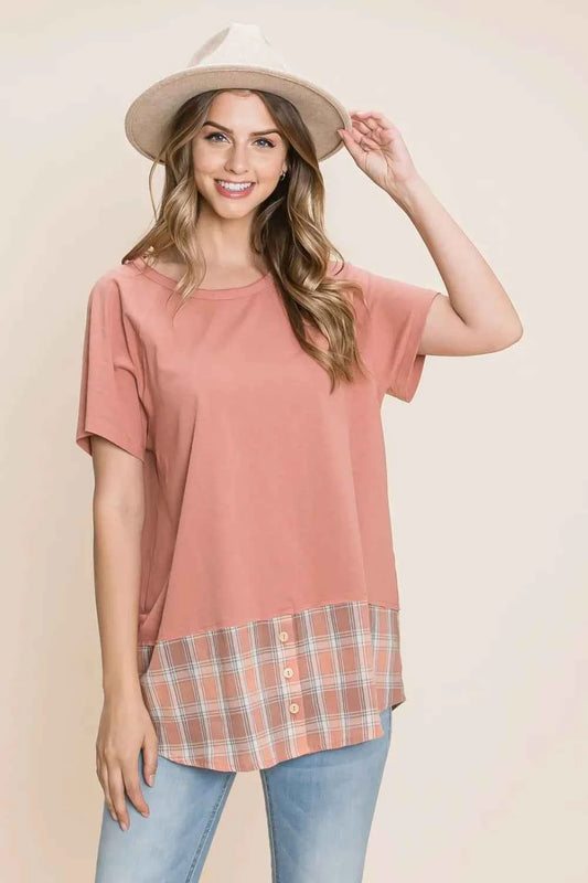 Cotton Bleu by Nu Lab Plaid Contrast Short Sleeve T-Shirt Marsala 3deb5b81-744b-4ffb-a110-61c7b022bb2e-Max