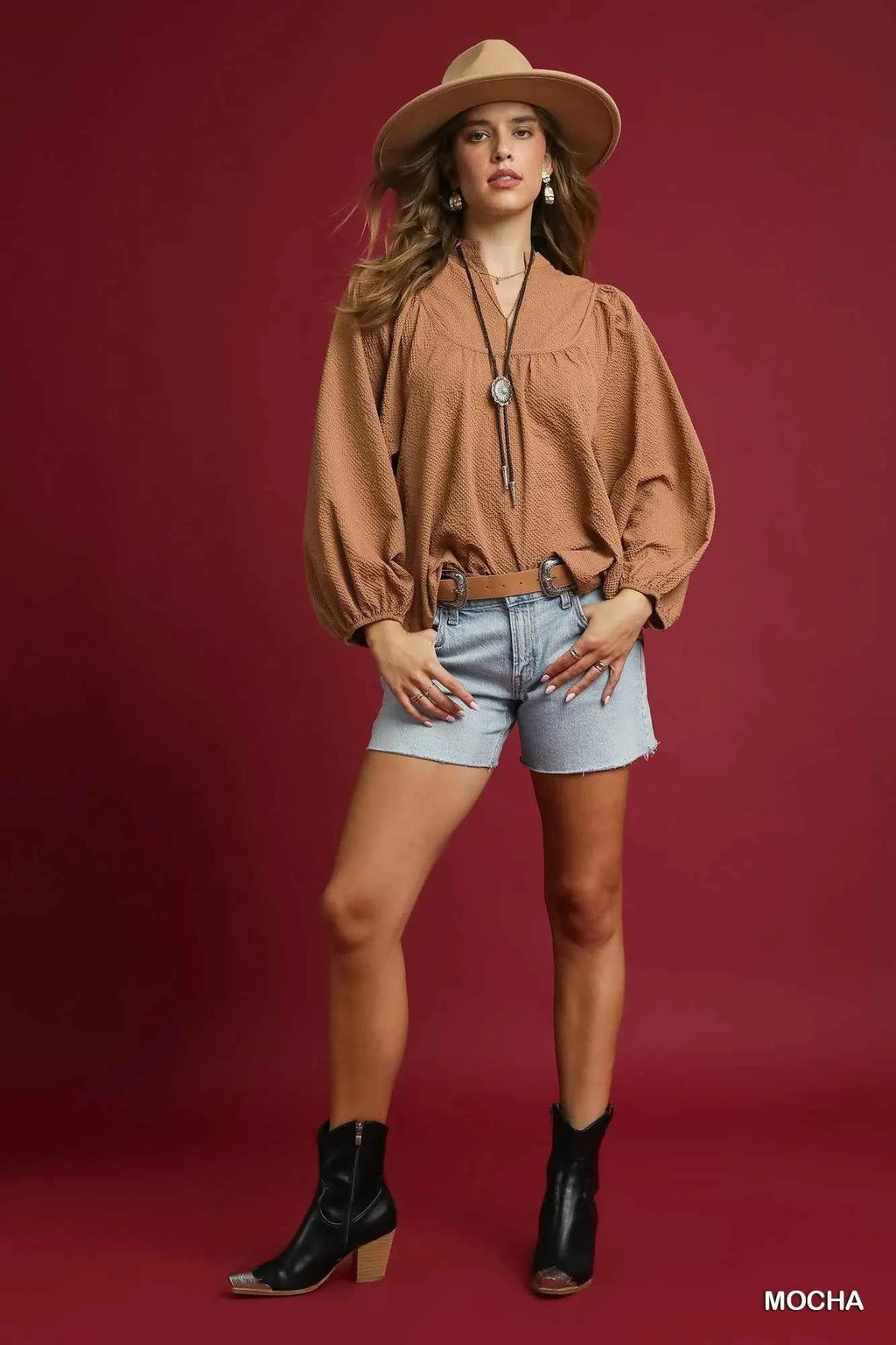 Umgee Textured Notched Blouse with Balloon Sleeves 3debdab0-859c-4115-b12b-ff68c14625cb-Max-Origin