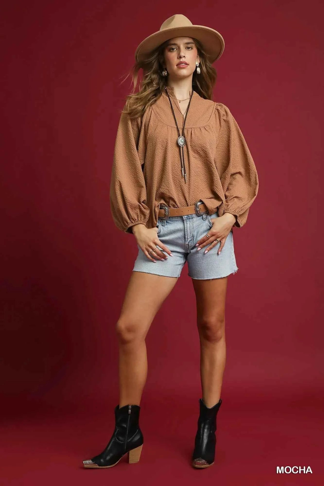 Umgee Textured Notched Blouse with Balloon Sleeves 3debdab0-859c-4115-b12b-ff68c14625cb-Max-Origin