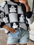 Halloween Ghost Checkered Drop Shoulder Sweater Black White 3df3b993081046389aab6eea92ab9c89-Max-Origin