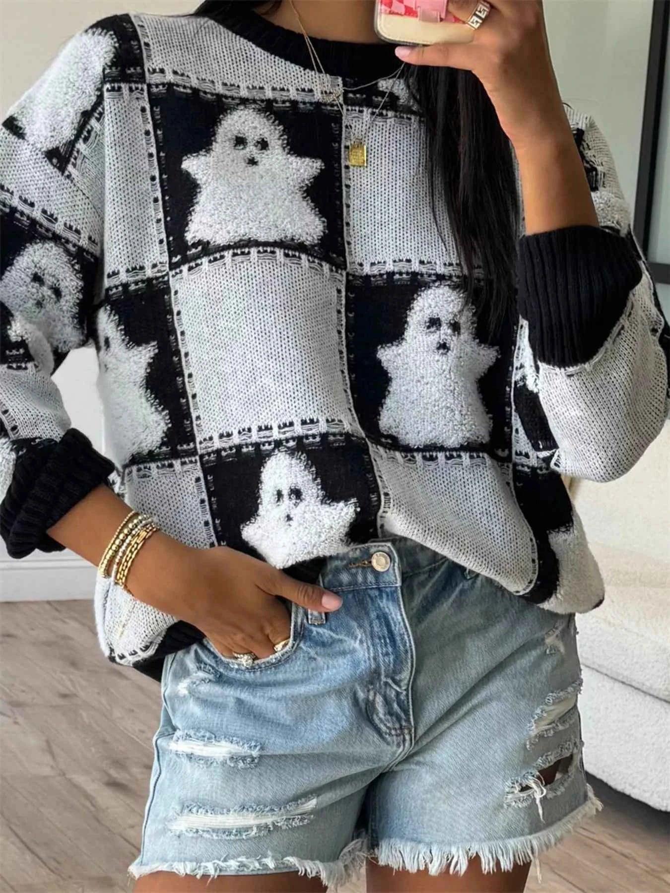 Halloween Ghost Checkered Drop Shoulder Sweater Black White 3df3b993081046389aab6eea92ab9c89-Max-Origin