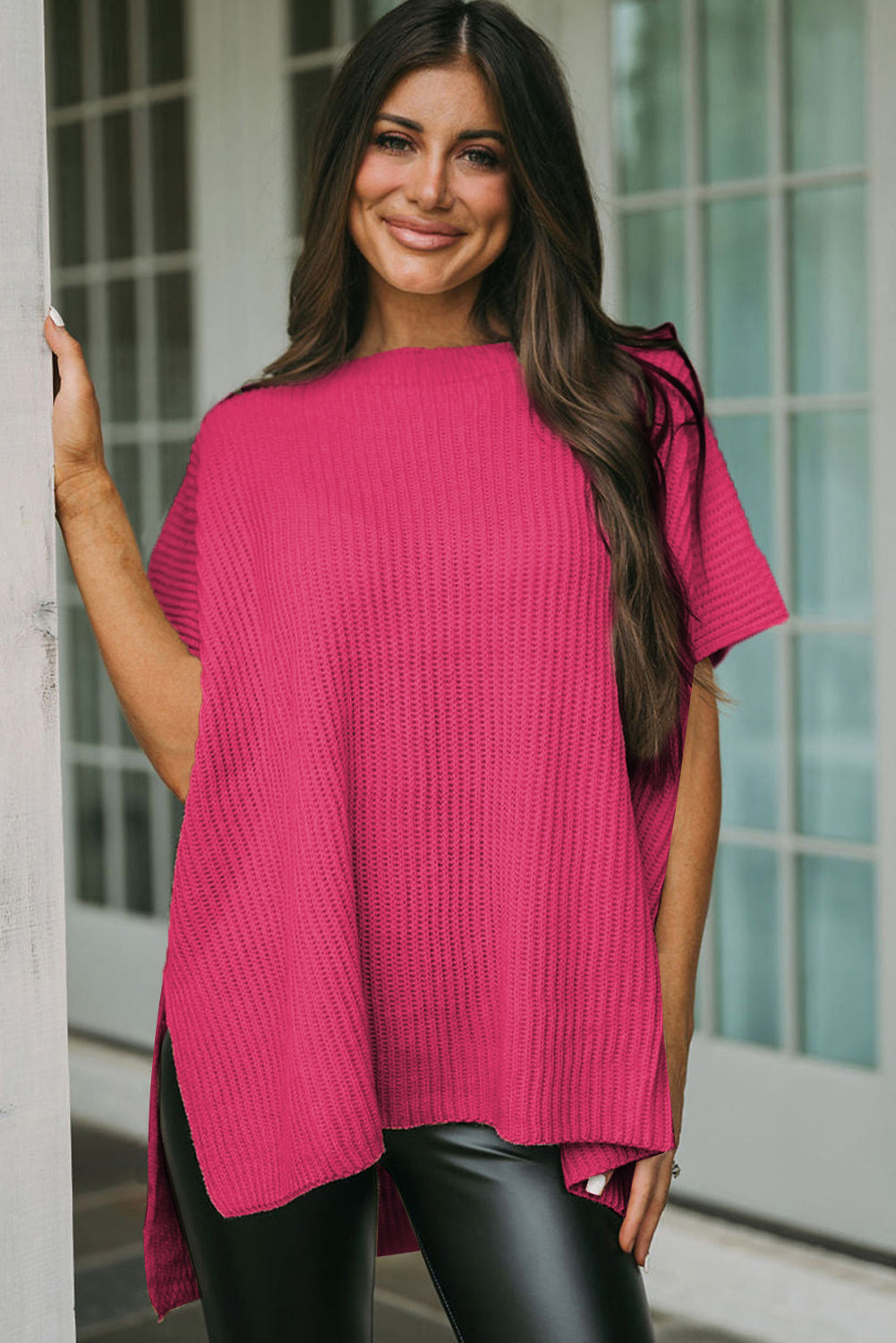 Rose Red Side Slit Short Sleeve Oversized Sweater 3df5c0976226aa5b