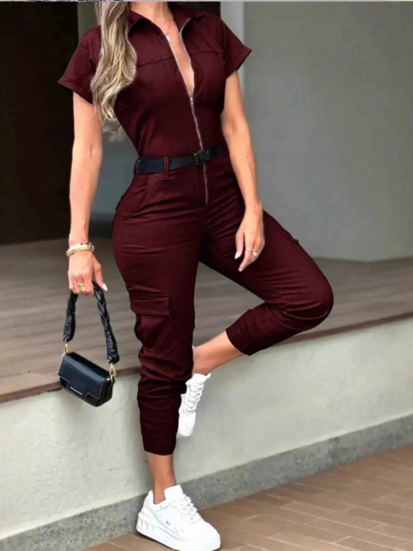 Zip Front Short Sleeve Jumpsuit Burgundy 3e080799c85f4d0c831bbc839bc7fa6d-Max-Origin