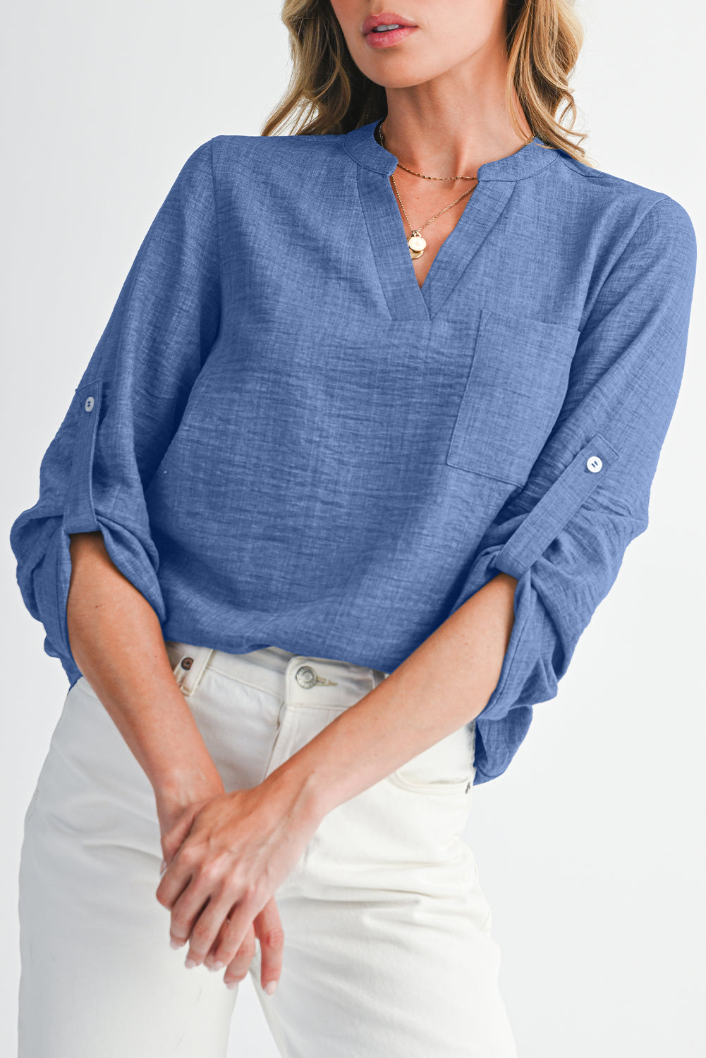 Ashleigh Blue Chest Pocket V Neck Plain Roll-up Sleeve Blouse 3e08538f17055a19