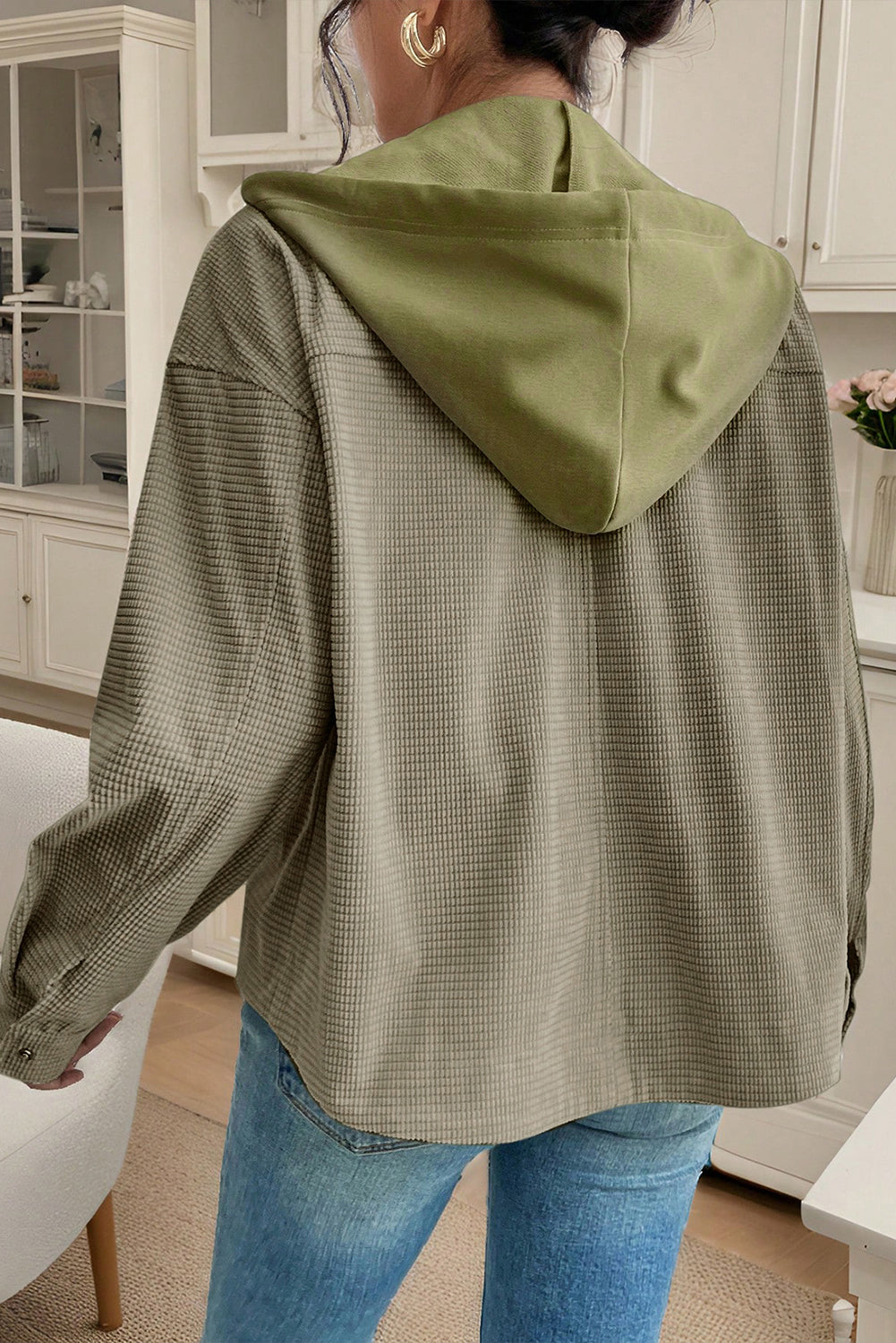 Laurel Green Solid Color Textured Patchwork Flap Pocket Shacket 3e0a232199d04831