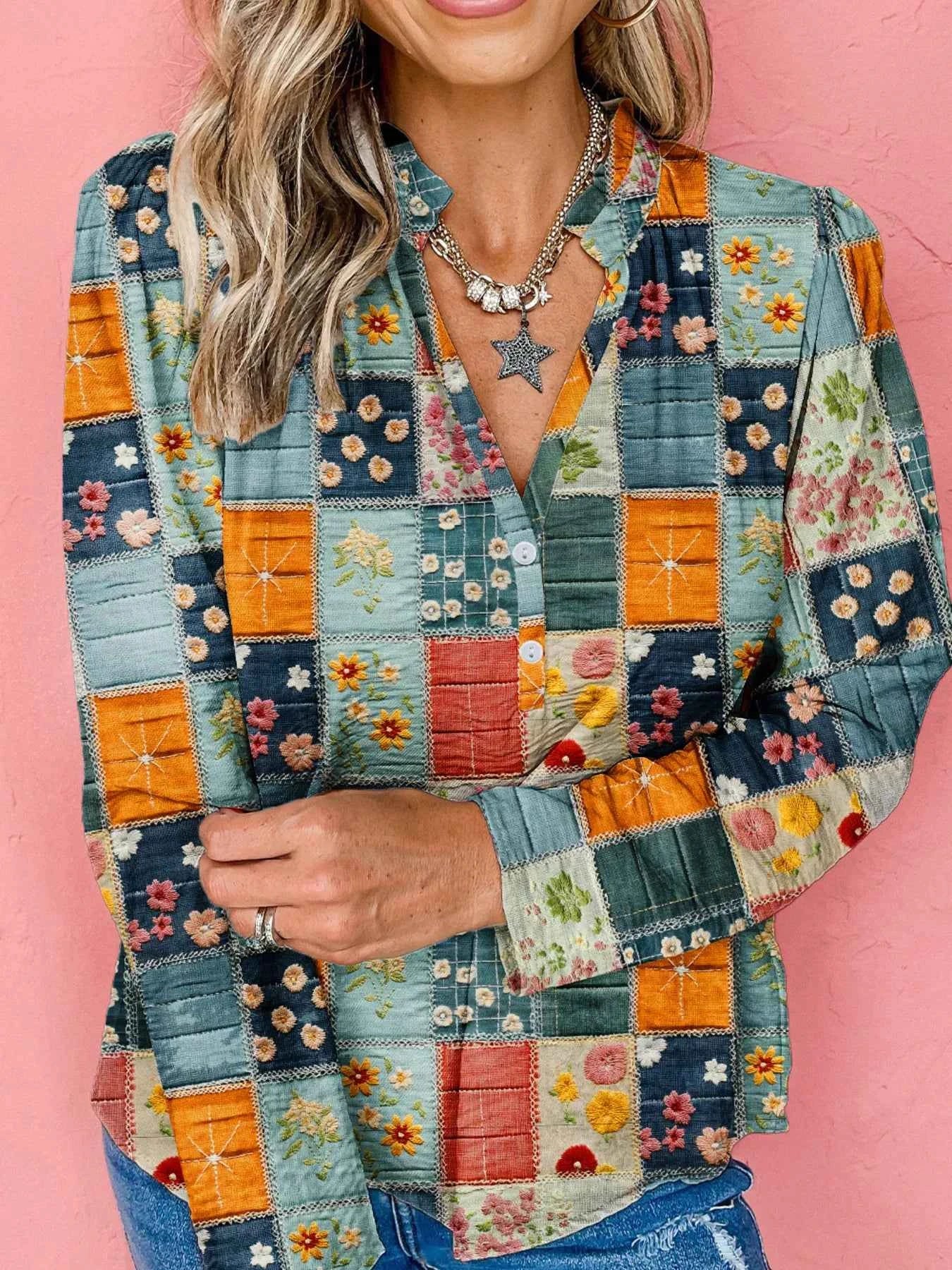 Floral Half Placket Notched Blouse Sage 3e1417a051af4d409a40b9c1b0a8f23a-Max-Origin