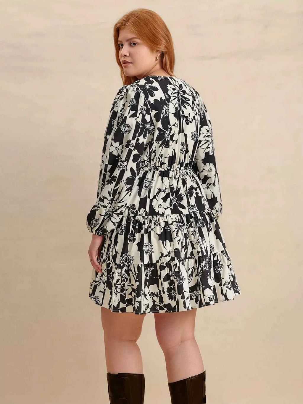 Plus Size Printed V-Neck Long Sleeve Mini Dress 3e15f90d-3e73-4ae9-9c7c-01a1012d30f3-Max-Origin