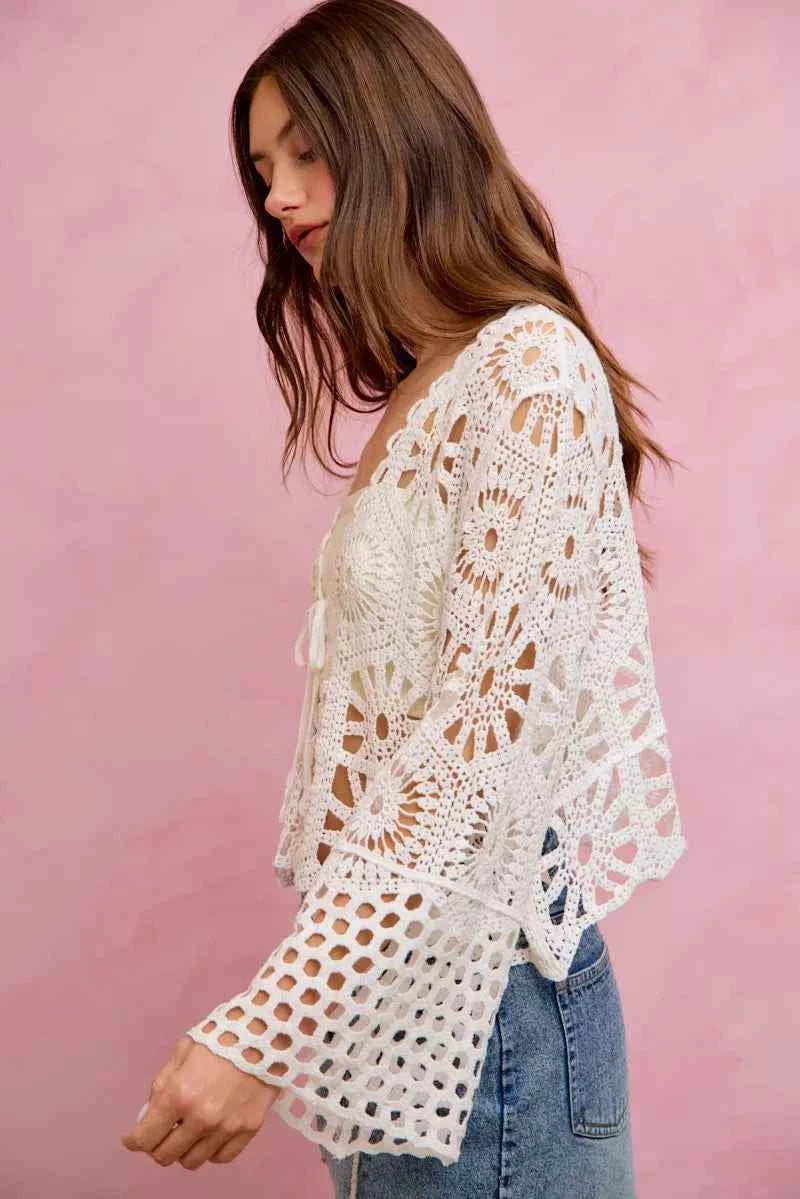 SO ME Floral Pattern Crochet Knit Tie Front Crop Cardigan 3e1af5a2285f4511921b361b0f968d43-Max-Origin