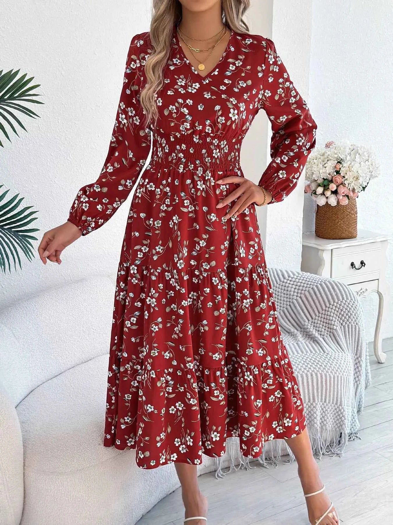 Floral Print Long Sleeve V-Neck Midi Dress Burgundy 3e1e010503654e6a998134b3eb5d67c5-Max-Origin