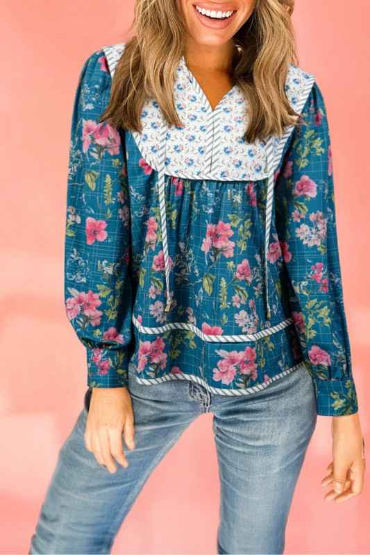 Floral Stripe Patchwork Long Puff Sleeve Blouse Sky Blue 3e2435d5-1a50-444b-aca5-ea85b1caf823