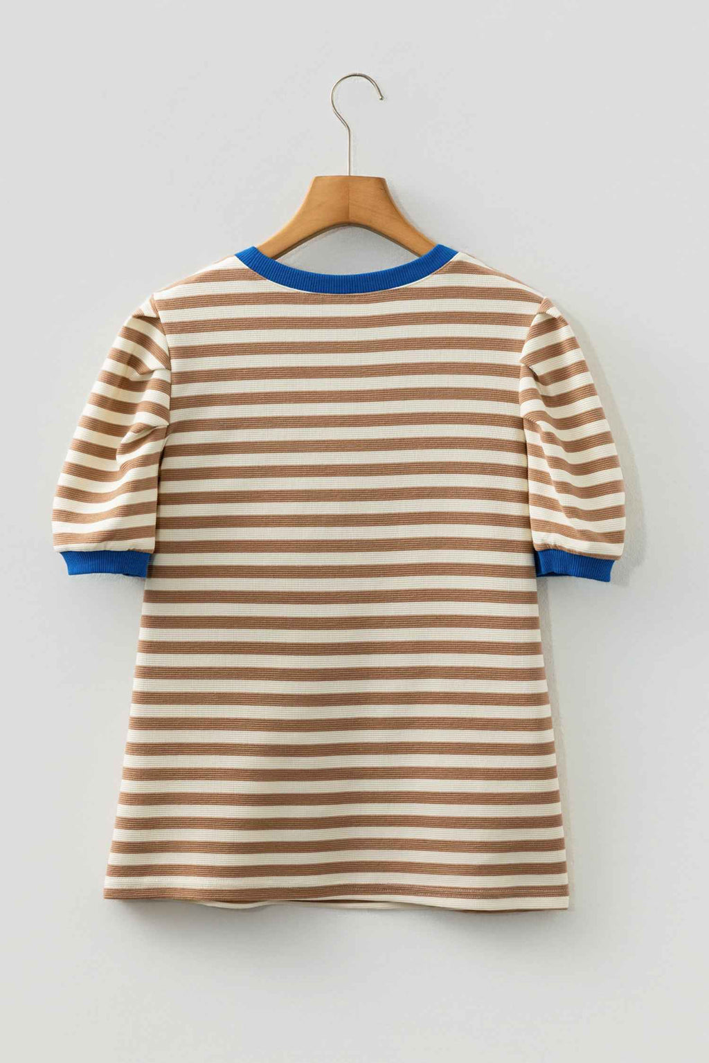 Brown Stripe Short Puff Sleeve Contrast Trim Round Neck Tee 3e2567e628b2879f