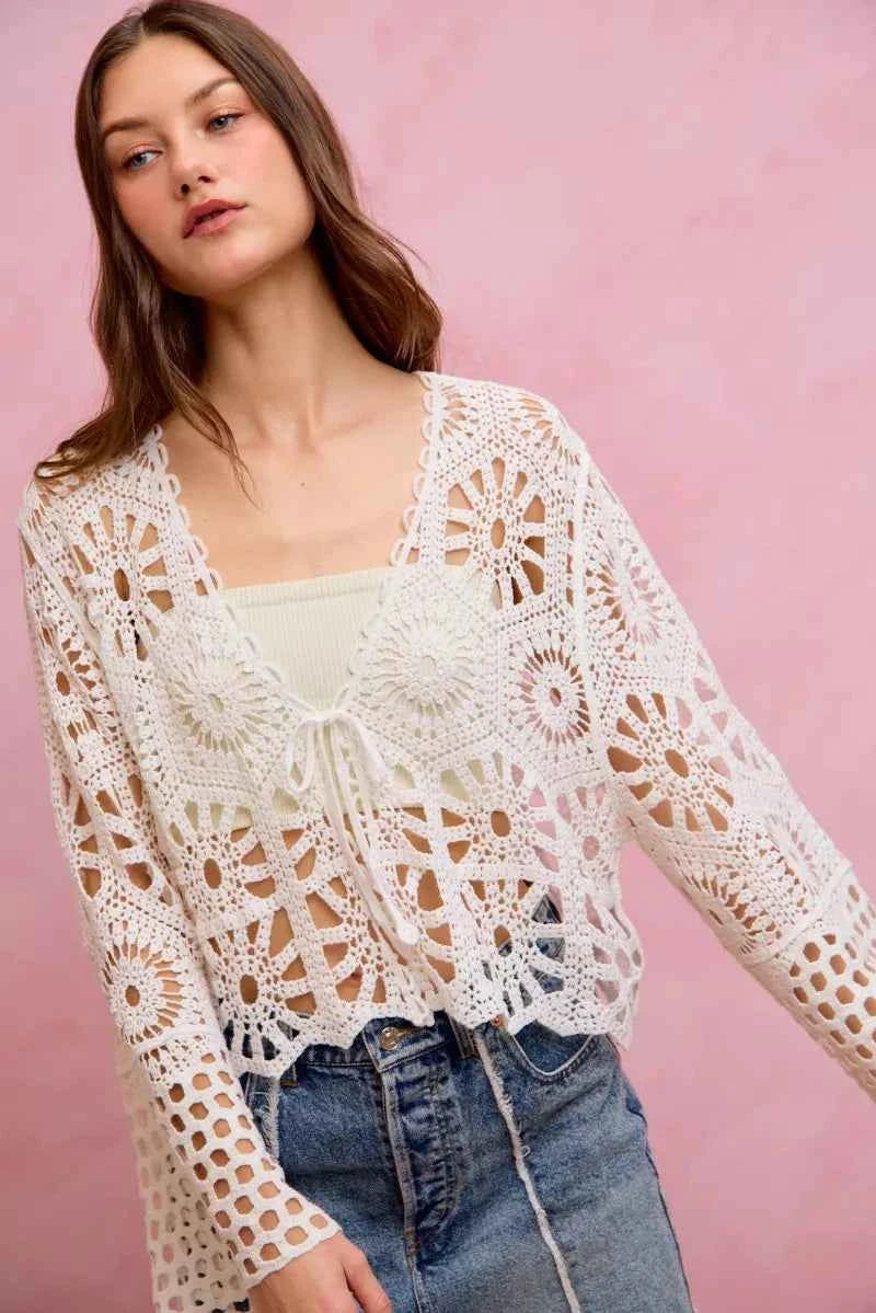 SO ME Floral Pattern Crochet Knit Tie Front Crop Cardigan 3e264257de1e4f9ab66042bcb55ae6f9-Max-Origin