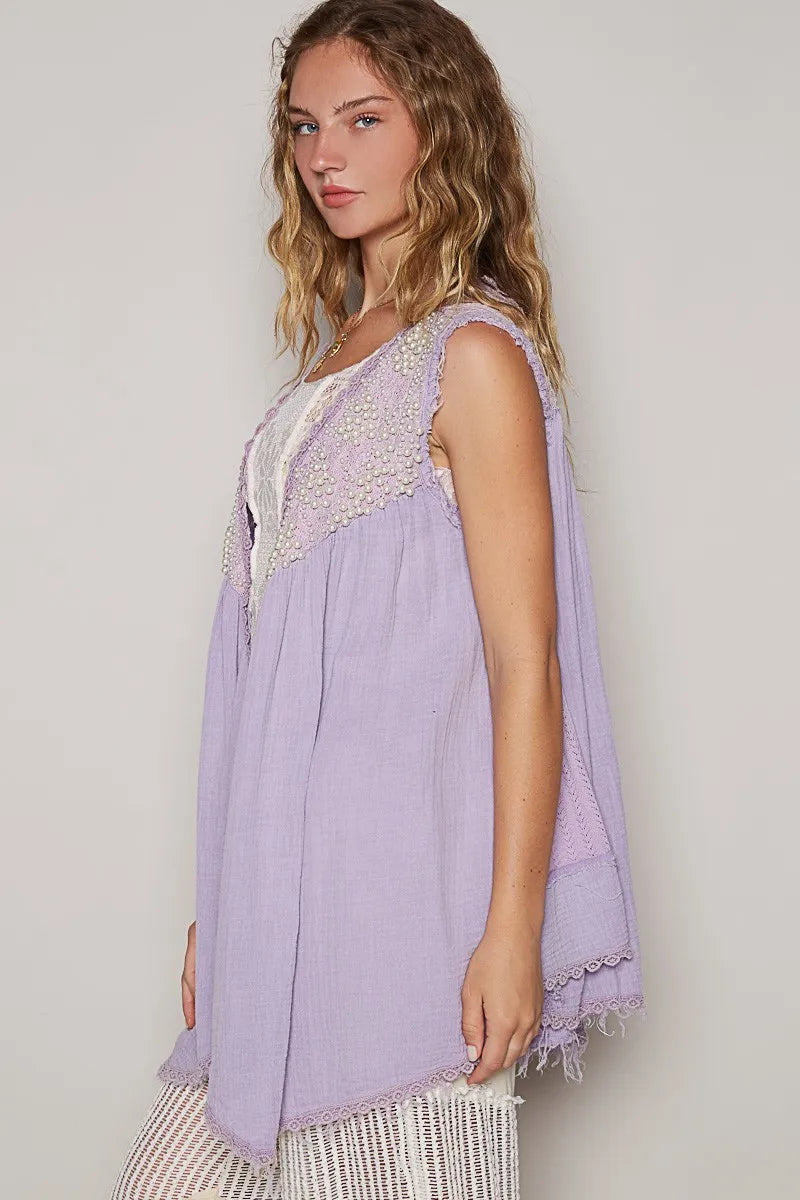 POL Embroidered Pearls Open Front Sleeveless Cardigan 3e264f8b-0903-4191-883b-44af0abb759a-Max