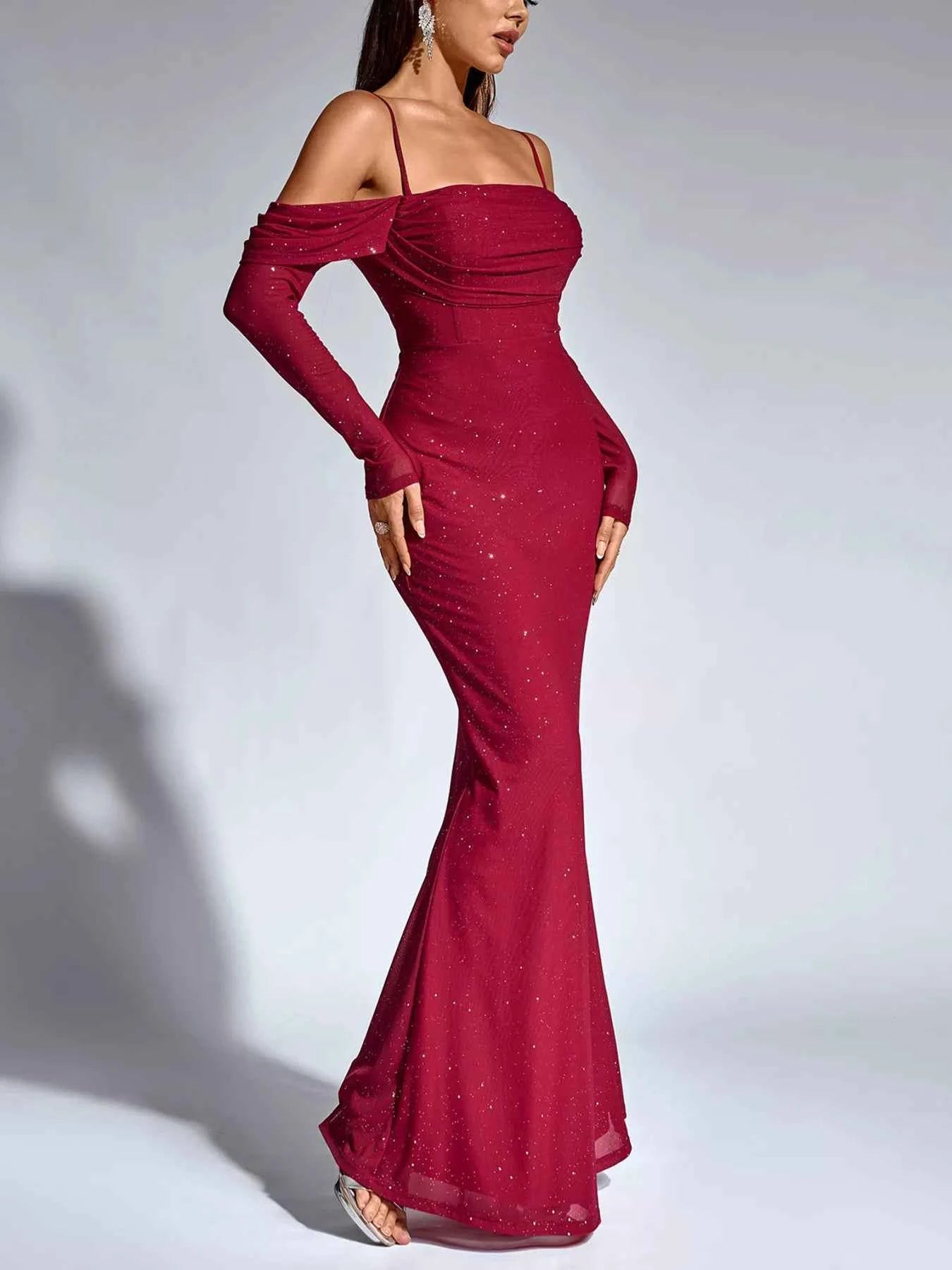 Glitter Ruched Long Sleeve Mermaid Maxi Dress 3e2910cd297e4991891e27e5fccb9f67-Max-Origin