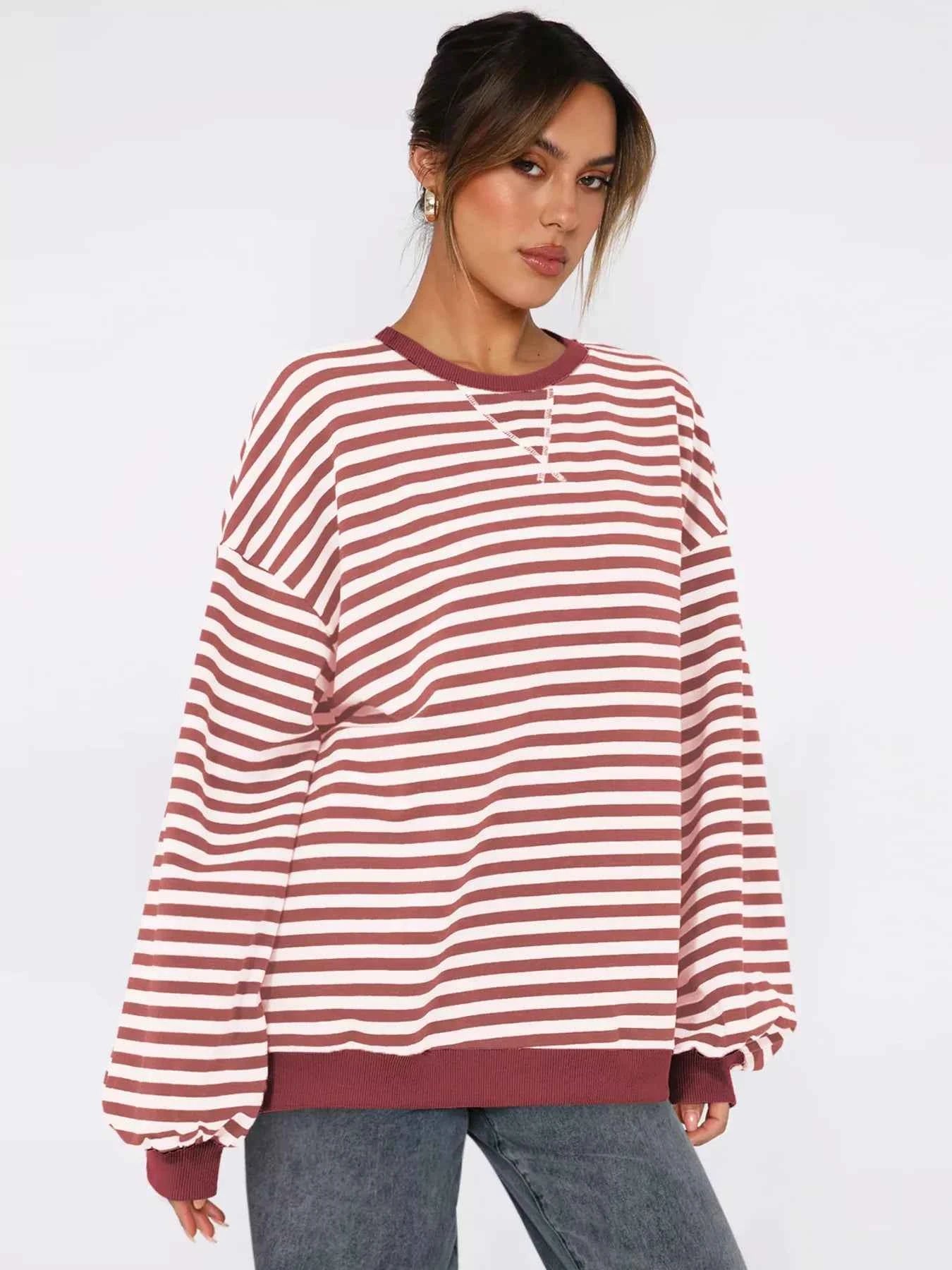 Striped Round Neck Long Sleeve Sweatshirt Scarlet 3e29b2af9d8f40048bc8f95a6c1a27ad-Max-Origin