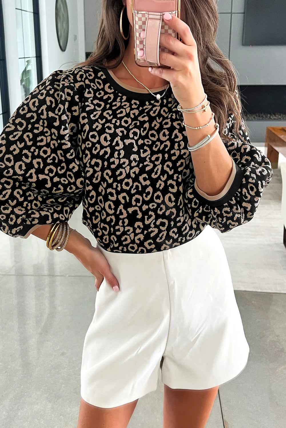 Black Leopard Contrast Trim Bracelet Sleeve Top Black 92%Polyester+8%Elastane 3e29bcbdf6be5a04