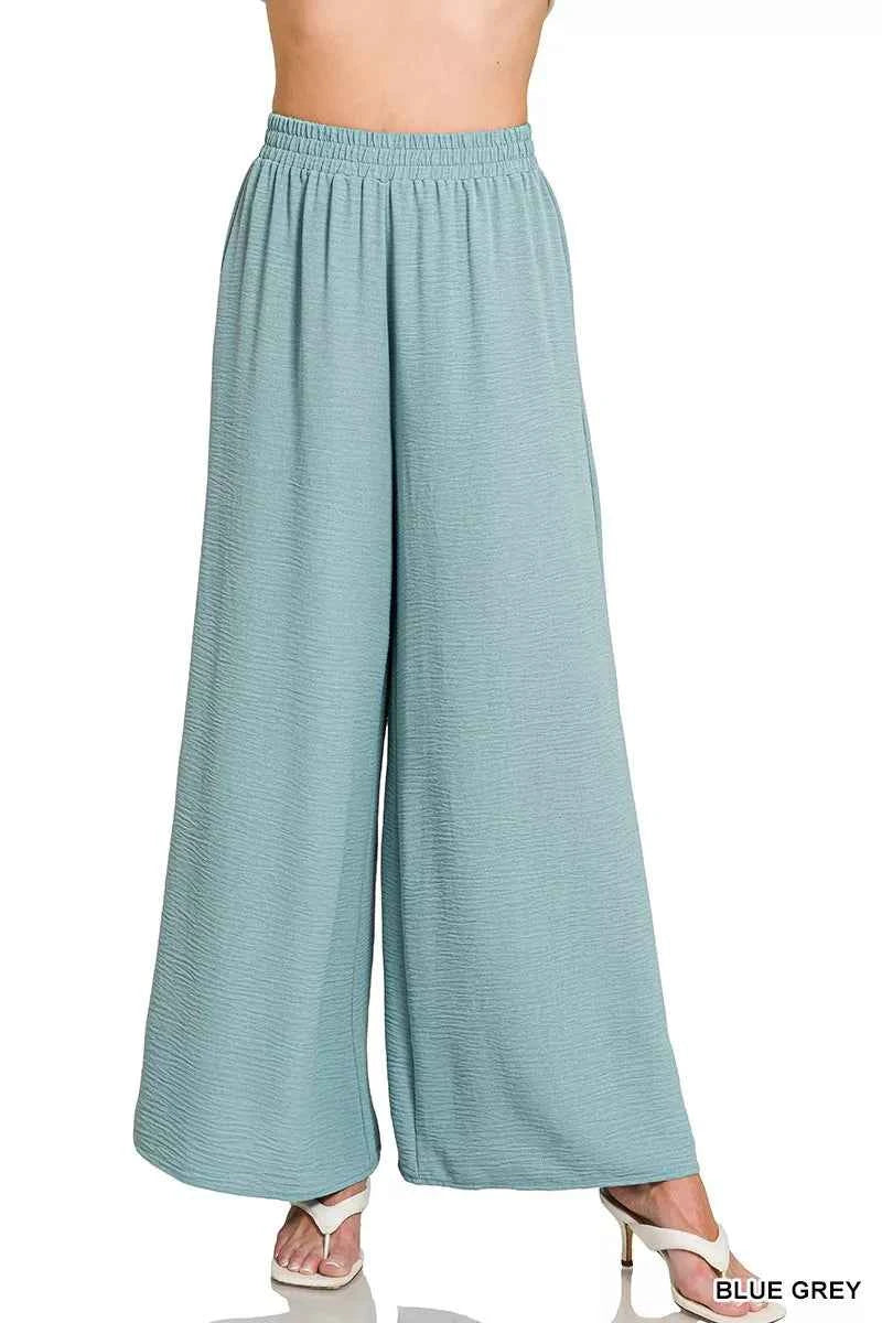 Zenana Woven Airflow Elastic Waistband Pants BLUE GREY 3e2e712f048944e48ff70544d1f11a0e-Max-Origin
