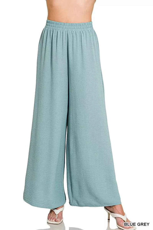 Zenana Woven Airflow Elastic Waistband Pants BLUE GREY 3e2e712f048944e48ff70544d1f11a0e-Max-Origin