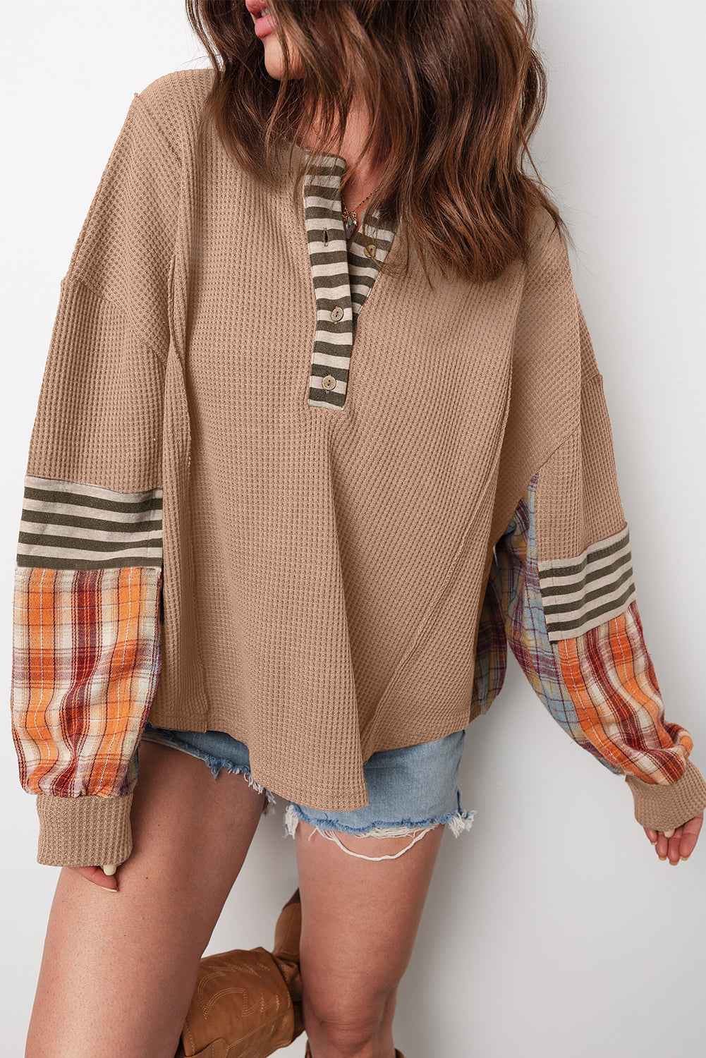 Straw Yellow Waffle Stripe Plaid Patchwork Henley Top Straw Yellow 75%Polyester+25%Cotton 3e321b4e28594d3a