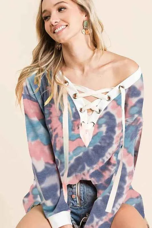 BiBi Tie Dye Deep V-Neck Top with Lace Up Front 3e335ffd98e247d98e371e0349a579c1-Max-Origin