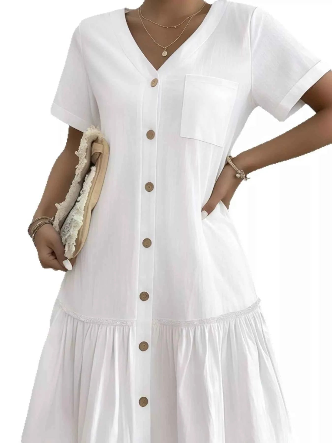Full Size Button-Front Short Sleeve Tiered Dress Plus Size 3e34273ecb4846dc94e0a89c3fc93d81-Max-Origin