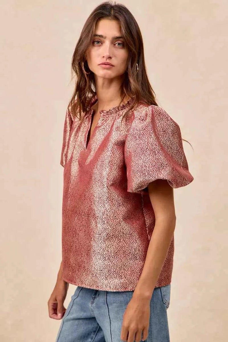 BiBi Jacquard Woven Short Balloon Sleeves V Neck Top 3e346cdbf0204664a493832c81f580e8-Max-Origin