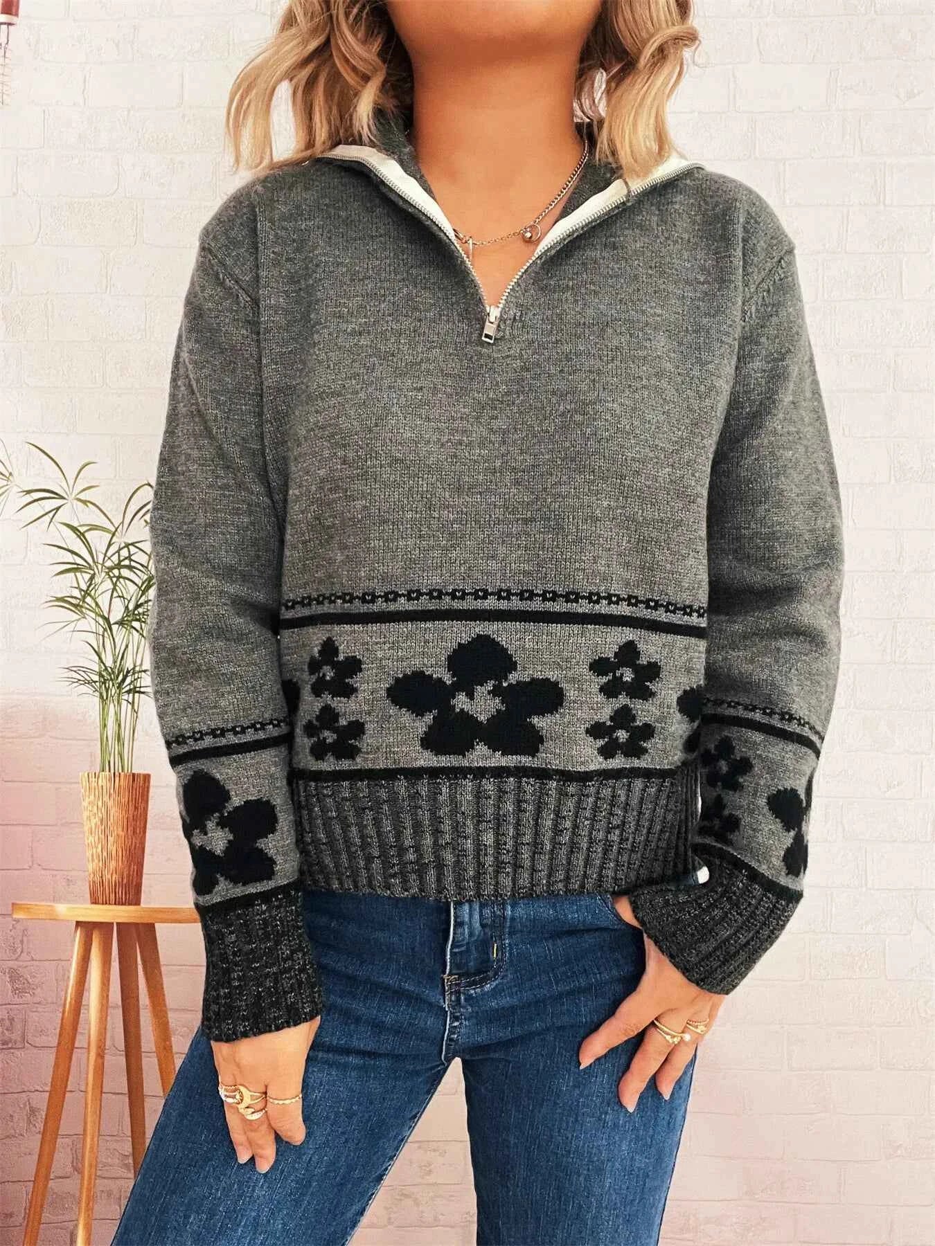 Flower Zip Collar Long Sleeve Sweater 3e34c15ca88b47fe990441ba3e09ea20-Max-Origin
