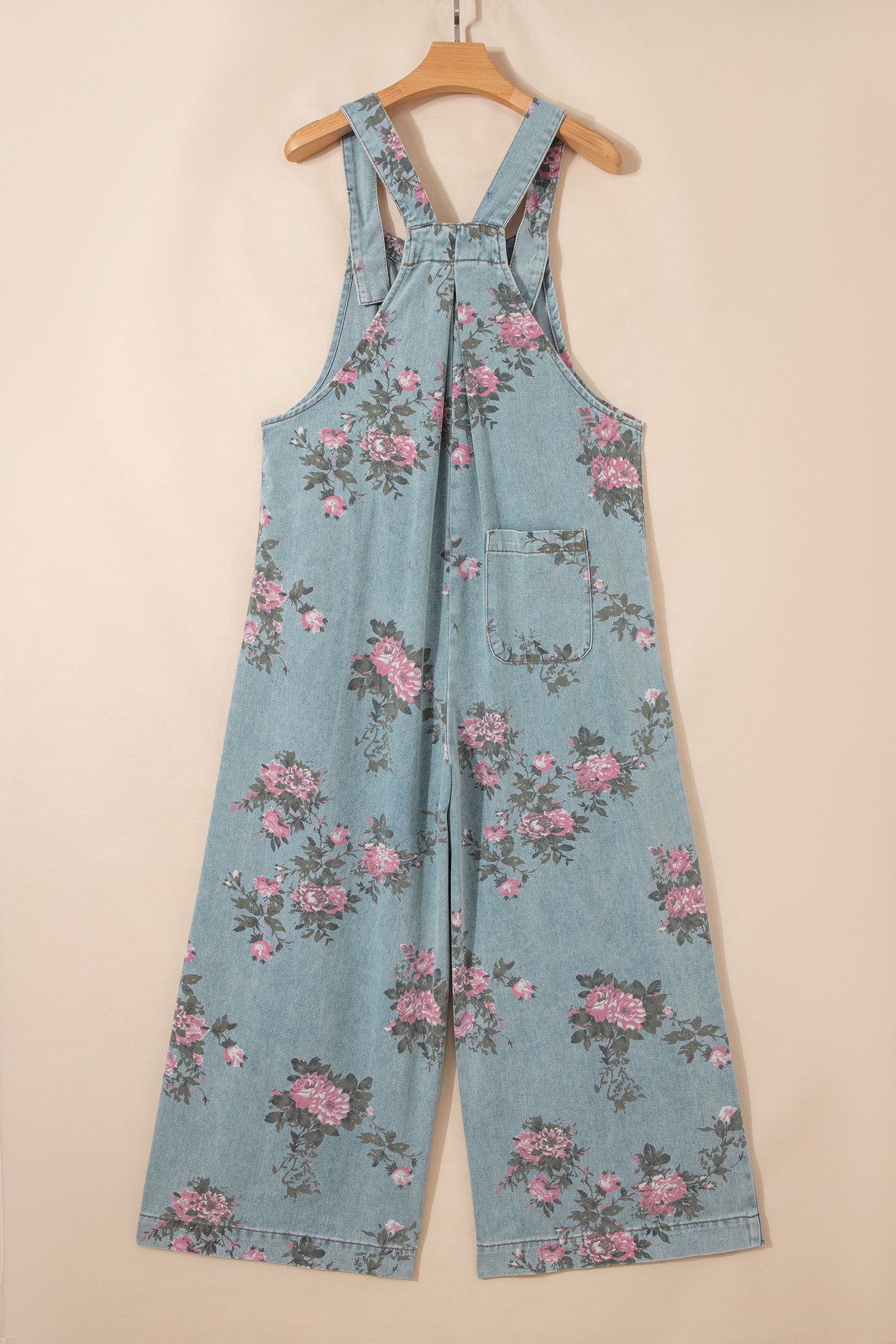 Beau Blue Floral Print Pleated High Waist Wide Leg Denim Jumpsuit 3e4053437fc07c47
