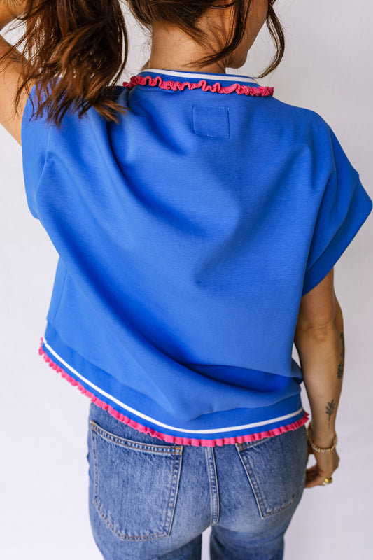 Sky Blue Contrast Frilled Trim Button Collared Short Sleeve Knit Top 3e4293353ae31bc5