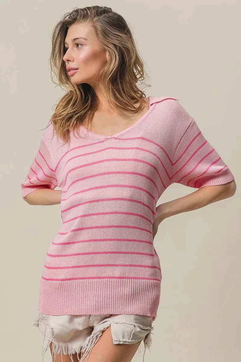 BiBi Stripe Short Sleeves Collared V Neck Top 3e42b0ecd45c4b749b9ff446a1280ed5-Max-Origin