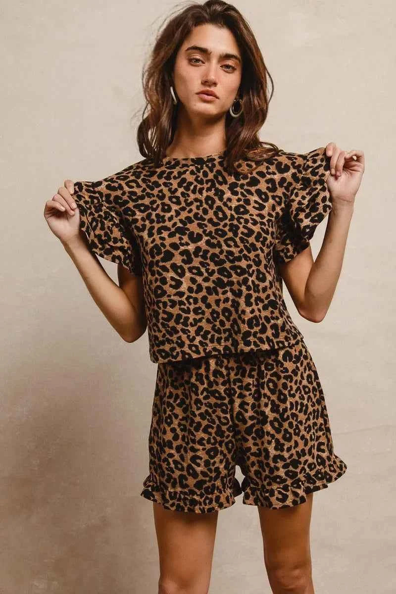 BiBi Leopard Print Waffle Texture Layered Ruffle Sleeve Top and Shorts Set 3e431ef150804fdda25b84b43ff37ec7-Max-Origin
