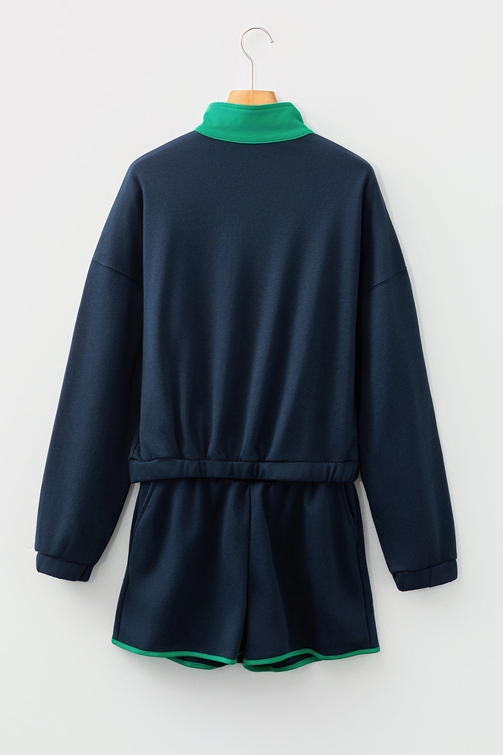 Navy Blue Color Block Patchwork Half Button Pullover and Shorts 2pcs Outfit 3e4905b9cd877f87