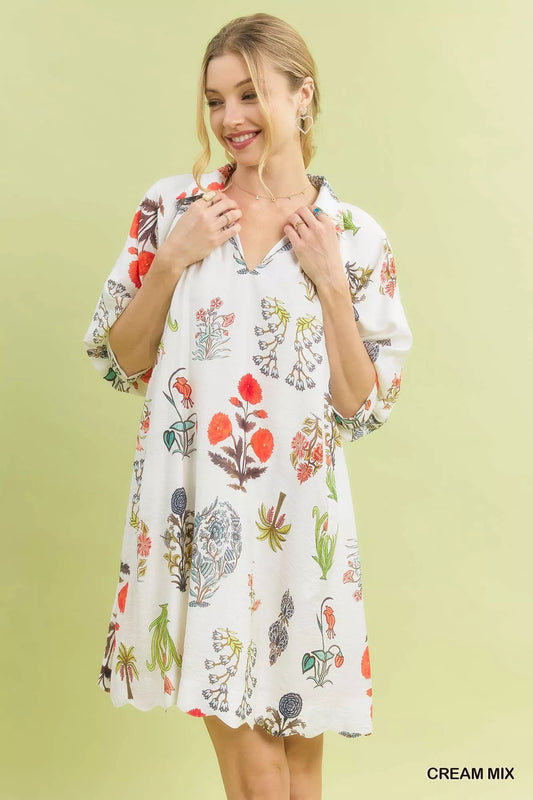 Floral Encyclopedia Print Mini Dress CREAM MIX 3e4cc5dc-986d-4703-ac59-5fe1d8ef1331-Max-Origin