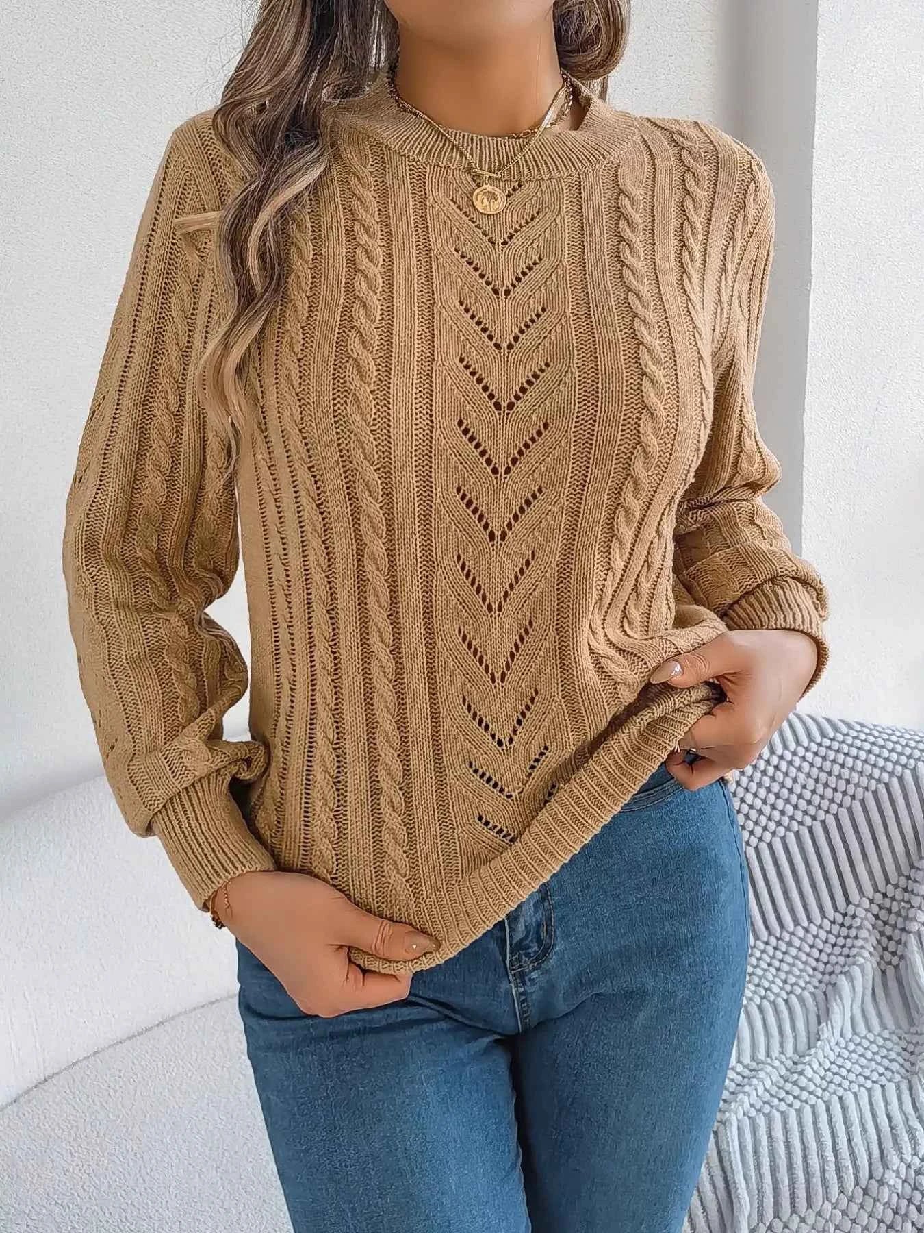 Cable-Knit Round Neck Sweater Khaki 3e4cc750-c6e4-482b-b33e-7959af98df84-Max-Origin