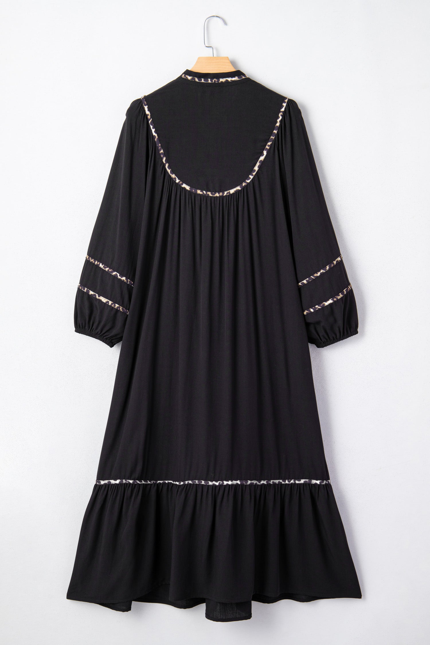 Black Contrast Leopard Trim Split Neck Long Sleeve Casual Midi Dress 3e4e1f7b59bbfa43