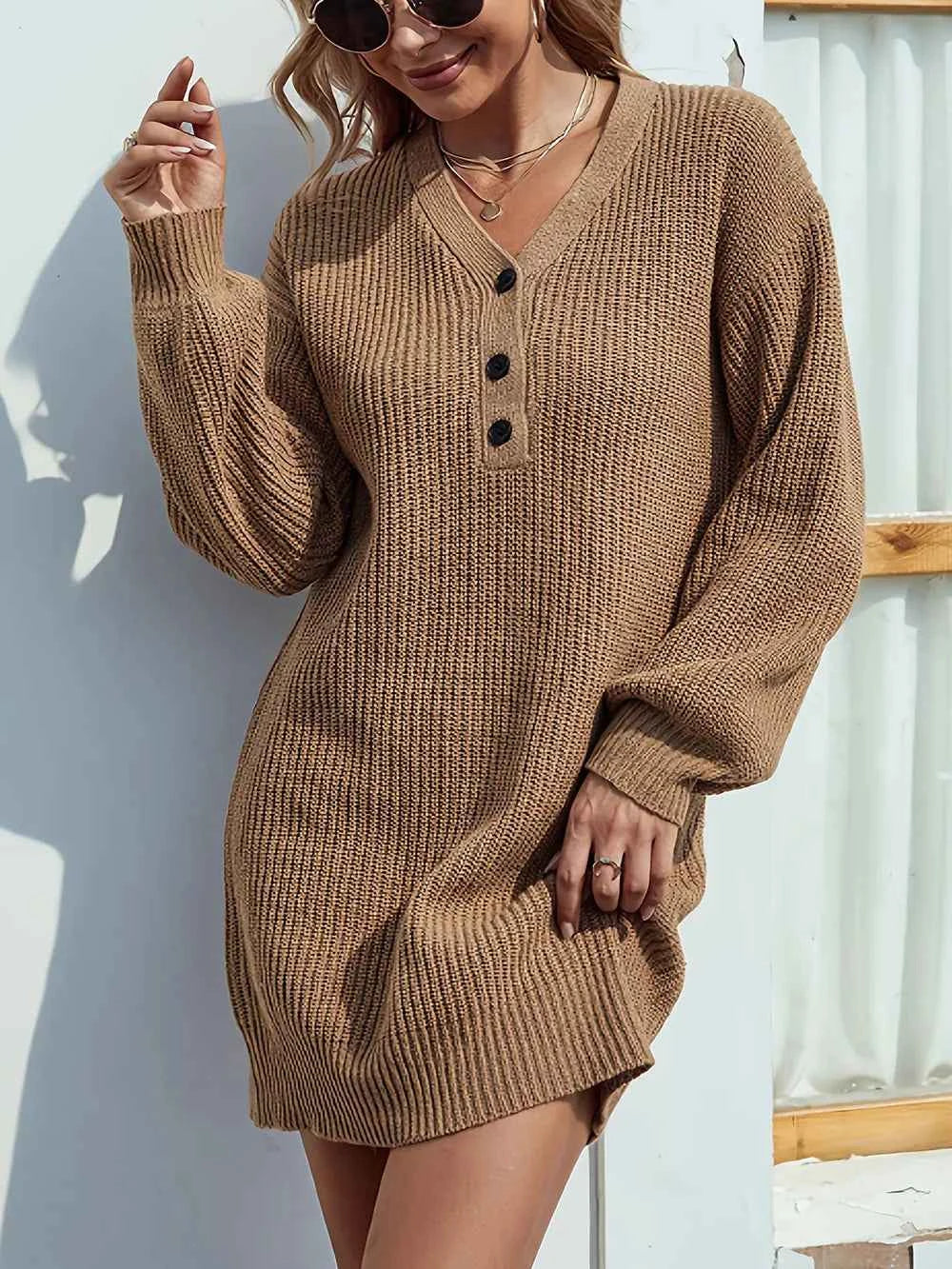 V-Neck Dropped Shoulder Mini Sweater Dress Camel 3e4e651c-1be9-4041-828a-2c2cf5e9ccf7-Max