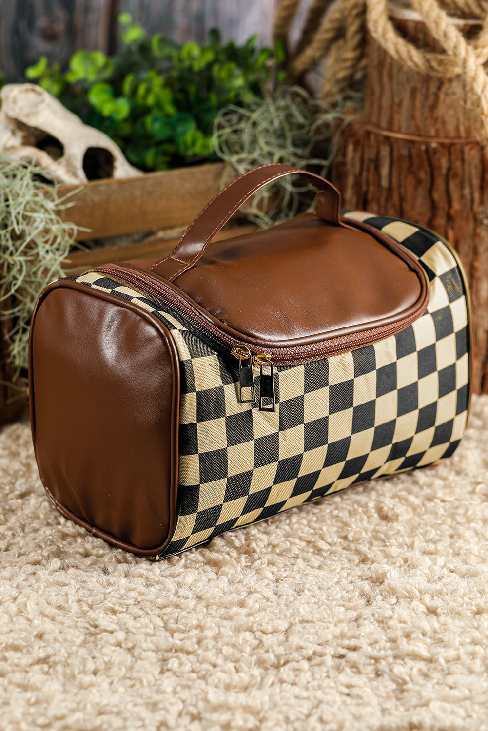 Checkered Zipper Large Cosmetic Bag with Handle 3e541028b73d9725