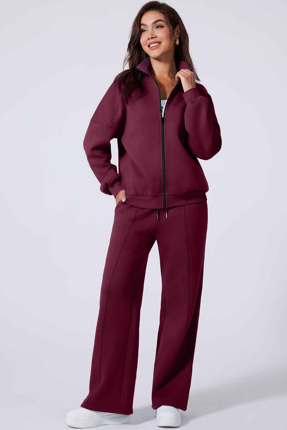Burgundy Drop Shoulder Zip Up Jacket Drawstring Pants Active 2pcs Set 3e545e4bebc29ed8