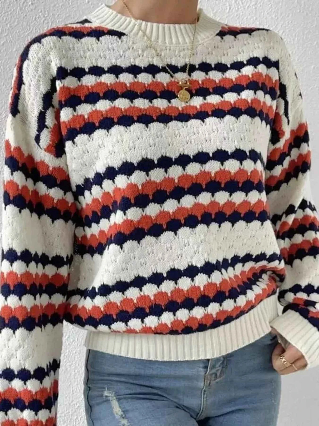 Striped Pattern Round Neck Sweater 3e5be00e2184470987fb8cebc2a47764-Max-Origin
