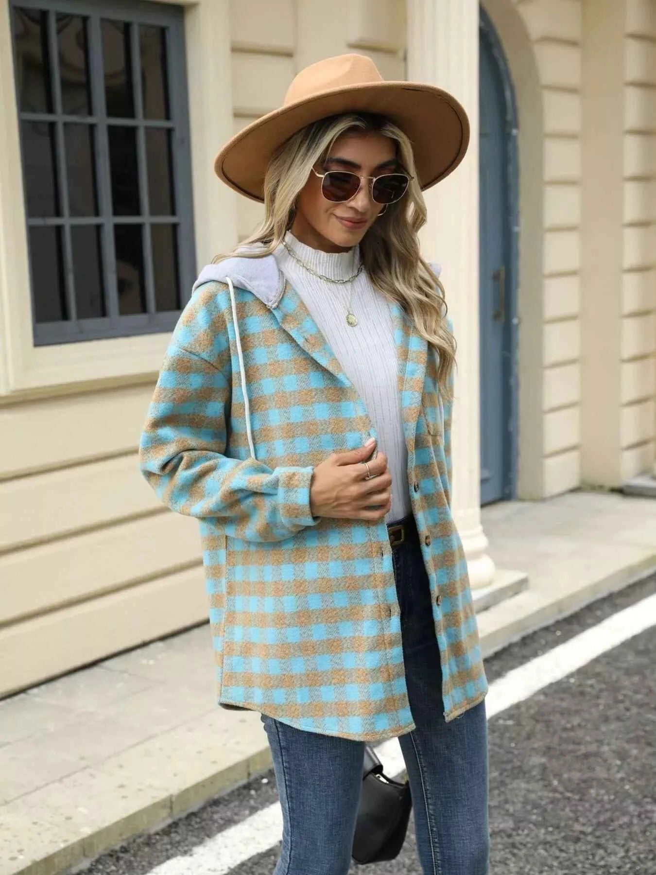 Plaid Button Up Long Sleeve Drawstring Hooded Jacket 3e5cce84ff0f4238bb7b357273772bf8-Max-Origin
