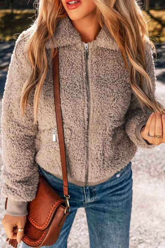 Solid Zip-Up Pocketed Fuzzy Jacket Light French Beige 3e5d0fdb-b640-4c1e-816e-ca53a8588595