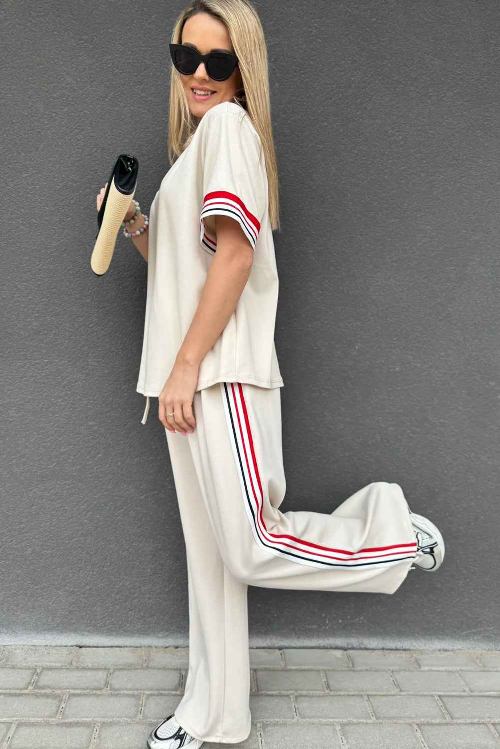 Jet Stream Contrast Striped Trim Crewneck T Shirt Loose Straight Pants Set 3e5e64c84636c837