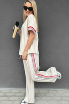 Jet Stream Contrast Striped Trim Crewneck T Shirt Loose Straight Pants Set 3e5e64c84636c837