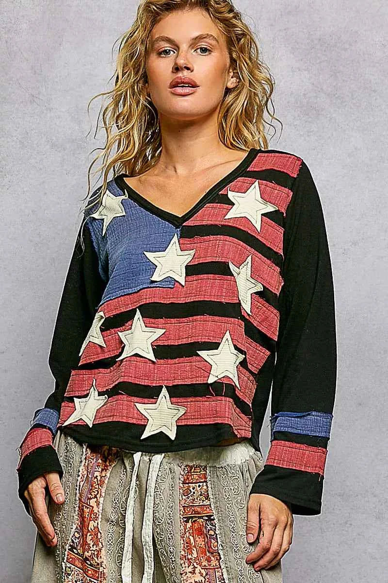 POL Double Gauze American Flag Patch V-Neck Long Sleeve T-Shirt 3e61073f-271c-47ac-aee1-2b77e0383880-Max-Origin