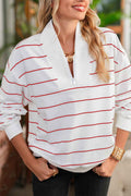 Fiery Red Striped Zipper V-Neck Drop Sleeve Top Fiery Red 95%Polyester+5%Elastane 3e639b974d1e8325
