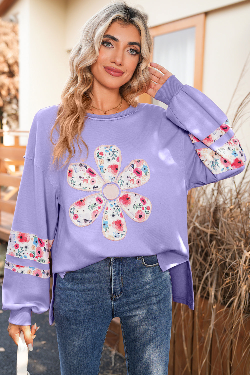 Wisteria Flower Applique Patchwork Drop Sleeve Pullover Sweatshirt 3e7375c3c19fbda8