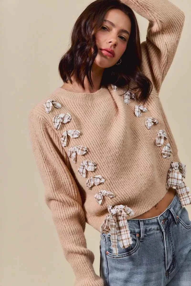 SO ME Checkered Plaid Tape Lace Up Ribbed Sweater 3e760a949c8340a48e7f784ff7e5bffa-Max-Origin